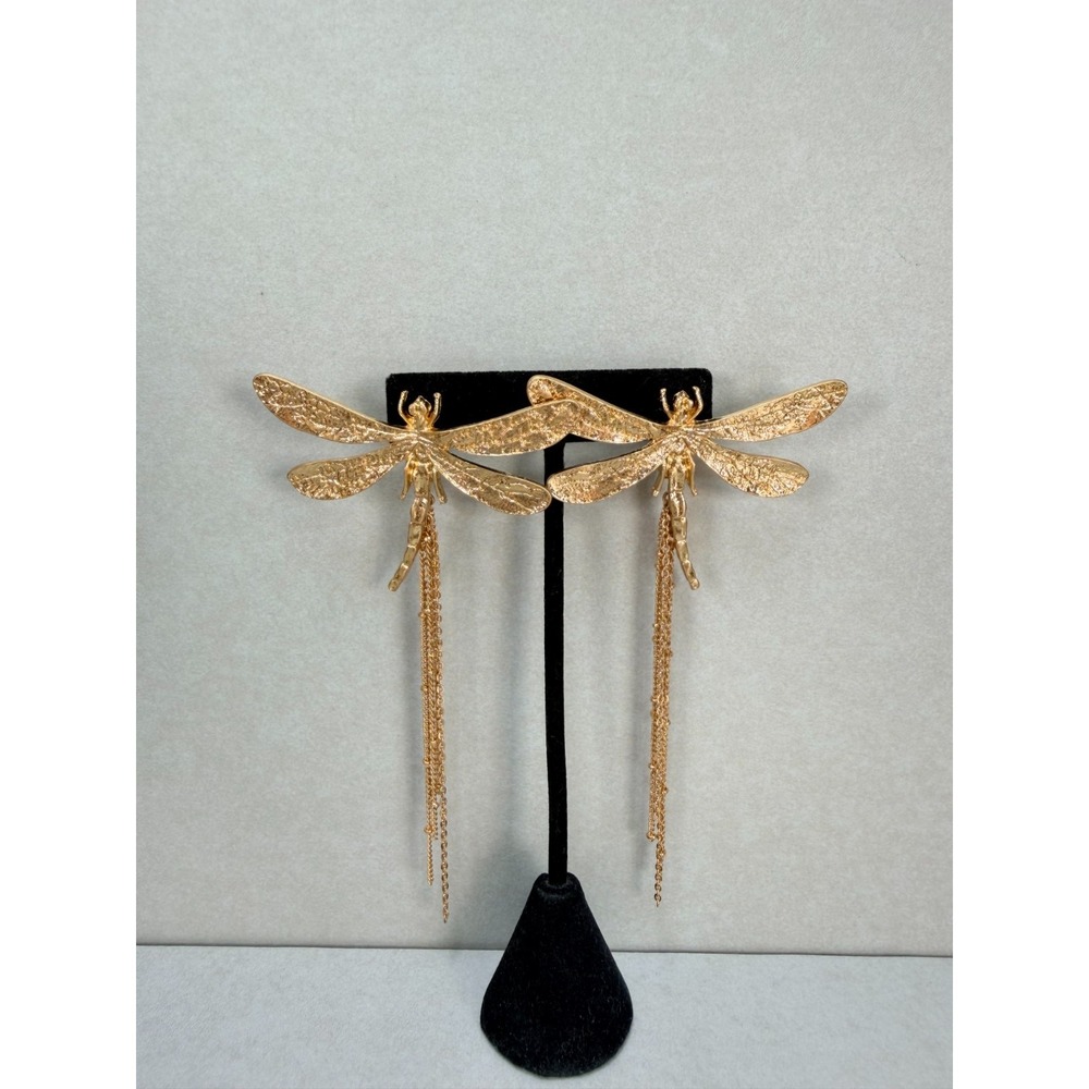 ZARA Gold Tone Dragonfly Long Chain Fringe Statement Earrings NWOT